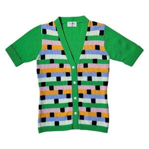 70s vintage short sleeve cardigan top preppy pattern buttonup sweater Collage.